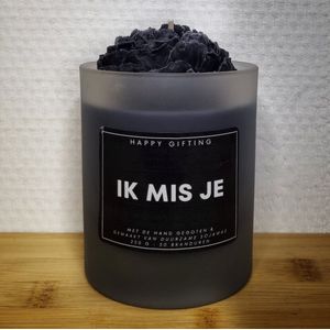 Ik mis je - Soja was geurkaars - Zwarte roos - Kaarsglas transparant - Vanille geur - 250 gram - 50 branduren - Geurkaars - Kaars - Kaars met tekst - Soja was – Soy wax – Handgemaakt – Cadeau – Vanilla - Geschenk – Duurzaam