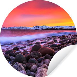 WallCircle - Behangcirkel - Zonsondergang - Berg - Sneeuw - Stenen - Zelfklevend behang - 140x140 cm - Behangsticker - Behang zelfklevend - Cirkel behang