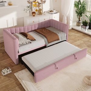 Ligbed - 90 x 200 cm (180 x 200 cm) Gestoffeerd bed met uitschuifbaar bed - Slaapbank - zonder matras Fluweel - Roze