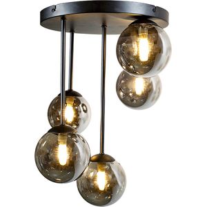 Olucia Stacy - Design Plafondlamp - 5L - Aluminium/Glas - Grijs;Zwart - Rond - 30 cm