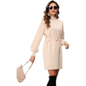 Gebreide Jurk Dames Lange Mouwen Coltrui Jurk Elegante Trui Tuniek Jurk Met Riem Abrikoos XL