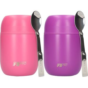 Thermos Voedselcontainer met Lepel x2 - Thermoskan Set van 2 - Voedsel container voor noodles, soep, havermout, ijs, babyvoeding en meer! - Yoghurt beker to go - Thermosbeker voor het meenemen van eten - Roze & Paars - 420ml