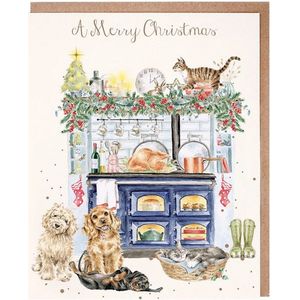 Wrendale Kerstkaarten Notepack - 8 stuks - 'The Country Christmas Kitchen' Dog and Cat Christmas Card Pack