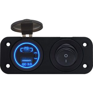 ProRide 12V USB/USB C Stopcontact 2 Poorten Inbouw met Schakelaar - QC3.0 - Tweevoudig inbouw paneel - Blauw