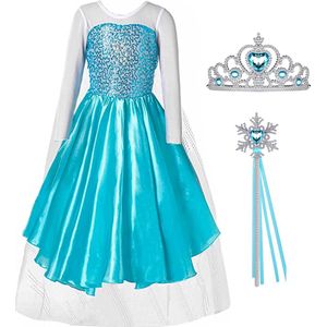 Elsa jurk - blauwe prinsessenjurk meisje - carnavalskleding kinderen - Prinsessen Verkleedkleding - 98/104 (110) - Kroon - Toverstaf lint - Cadeau meisje - Prinsessen speelgoed - Verjaardag meisje
