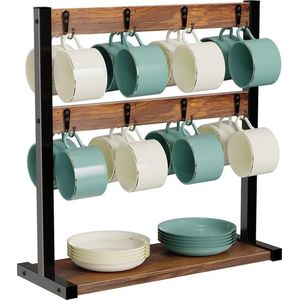 Mrs. Jones® Mokkenrek - Bekerhouder - Koffie Beker - Theemok - Mok - Thee - Koffie - 16 haken - Antislip - Bruin - Hout - 42x16x44 cm
