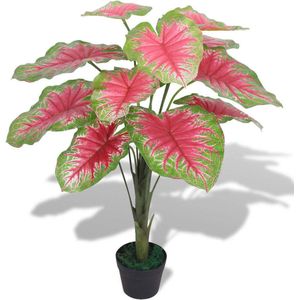 The Living Store Caladium Kunstplant - 85 cm - Levensecht - Groen en Rood - Kunststof Bladeren - Houten Stam - Inclusief Pot