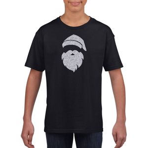 Kerstman hoofd Kerst t-shirt - zwart met zilveren glitter bedrukking - kinderen - Kerstkleding / Kerst outfit 104/110
