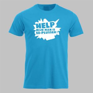 Help! Mijn man is 50-plusser - Tshirt Turquoise Blauw - maat M - 50 jaar - Abraham - Feest
