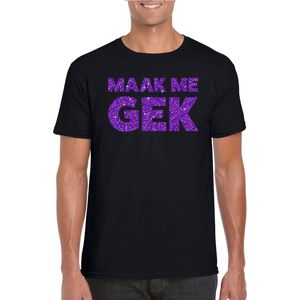 Zwart Maak Me Gek t-shirt met paarse glitter letters heren - Themafeest/feest kleding S