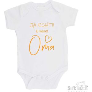 100% katoenen Romper ""JA ECHT!! U wordt Oma"" Unisex Katoen Wit/mosterd Maat 62/68