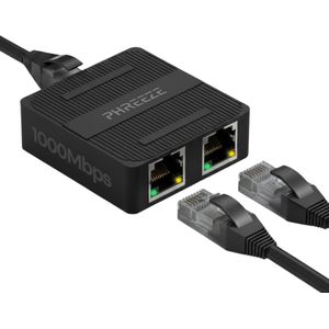 Phreeze Internet Splitter 1 naar 2 - Ethernet Splitter - Netwerk Switch - UTP Splitter - 2 Poort Gigabit 1000 Mbps - Met USB-C Voeding
