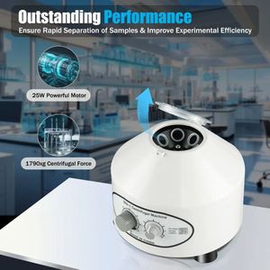 6×20ml Laboratorium Centrifuge – Medische tafelcentrifuge – 4000 rpm – Timer 0-60 min – Traploos instelbare snelheid – Stil ≤70dB – ABS behuizing – Capaciteit 6 buizen – Compact ontwerp – Transparant deksel – 220V