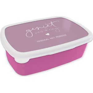 Broodtrommel Roze - Lunchbox - Brooddoos - Geniet vandaag herhaal het morgen - Spreuken - Quotes - 18x12x6 cm - Kinderen - Meisje