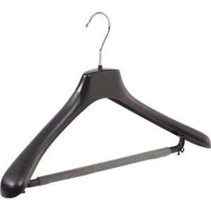 De Kledinghanger Gigant - Mantelhanger - Kostuumhanger - Jassenhanger - Volwassenen - HZ45 - 50 Stuks - Kunststof - Zwart - Gebogen Model - Schouderverbreding 4,8 cm - Broeklat met Schuim - 45 cm - Kledinghanger - Kleerhanger - HZ-Serie