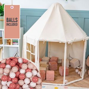 KiddyMoon Speeltent Kindertent Met 700 Ballen Opvouwbaar Voor Kinderen Paviljoenvormig Kinderhuis Gemakkelijk In elkaar te zetten Om Binnen En Buiten Te Spelen, Natuurlijke Kleur:Pastel Beige/Zalm/Wit