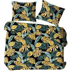 Kora Beddengoed Set 200x220 Zwart Groen Geel Bladeren Katoen
