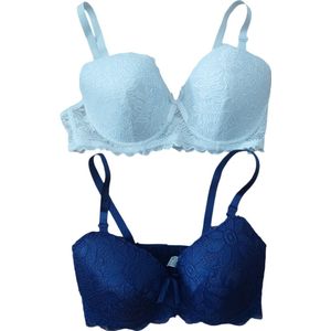 Dames - Voorgevormde BH - Set van 2 - Verstelbare bandjes - Merk Caralino - Kleur Donkerblauw & Wit - Met Kant - Maat 80D
