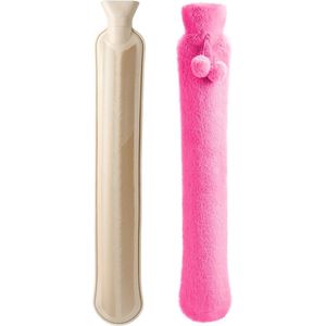 Warmwaterkruik - Extra Lange kruik met hoes - Fleece hoes grijs - Verlicht Nek, Schouder & Buikpijn - 2.5 L - cadeau voor vrouw, vriendin en verjaardag - kerst cadeautje - Roze