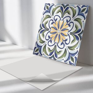 Wallfluent Vinyl Wandpaneel - Plantenpatroon met bloemen Wandpaneel PVC - 50 cm x 50 cm - Blauw Vinyl Wandpaneel - Set van 4 - Vierkant Wandbekleding Vinyl - Bloemen Wandpaneel - Zelfklevend Wandpaneel - Wandpaneel Keuken en Badkamer