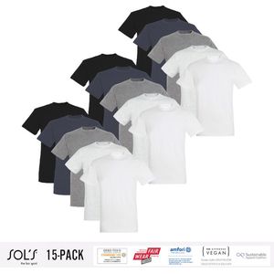 15 Pack Sol's Heren T-Shirt 100% biologisch katoen Ronde hals Zwart, Donker Grijs, Grijs / Lichtgrijs gemeleerd, wit Maat S