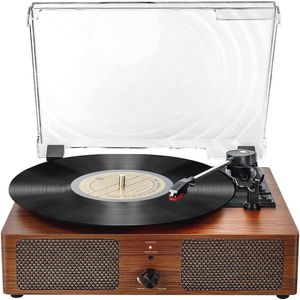 Bluetooth Record Speler Riemgedreven 3-Speed Draaitafel, Vintage Vinyl Record Spelers Ingebouwde Stereo Speakers, met Hoofdtelefoon Jack/Aux Input/RCA Line Out, Houten