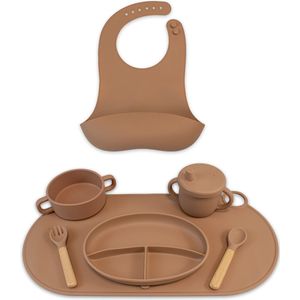 Babiem 8-Delig Baby Servies - Siliconen - Peuter Bestek Set - Incl. Bord, Beker, Slabber, Lepel, Vork, Placemat, Bakje & Zuignap - Karamel