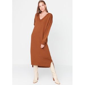 Trendyol Standaard mouw V-hals Verschuiving Bruine maxi-sweater met V-hals TWOAW23EL00642