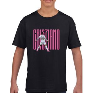 Ronaldo - Kinder T-Shirt - Zwart - Maat 146 /152 - T-Shirt leeftijd 11 tot 12 jaar - Voetbal shirt - Cadeau - Shirt cadeau - CR7 t-shirt - voetbal - verjaardag - Unisex Kids T-Shirt - Roze tekst