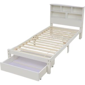 Gotagee Eenpersoonsbed Houten bed met lade en lattenbodem, boekenkast tieners en volwassenen kinderbed, 90x200cm wit