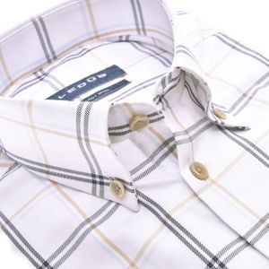 Ledub modern fit overhemd - wit met blauw en beige geruit - Strijkvrij - Boordmaat: 40
