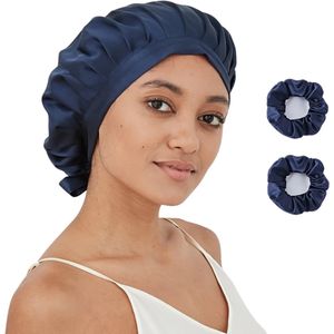 Livano Zijden Slaapmuts - Satijnen Nachtmuts - Silk Bonnet - Sleep Cap - Haarverzorging - Satin - Verstelbaar - Voor Zacht & Stralend Haar - Marine Blauw