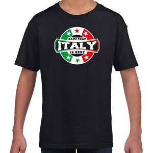 Have fear Italy is here t-shirt met sterren embleem in de kleuren van de Italiaanse vlag - zwart - kids - Italie supporter / Italiaans elftal fan shirt / EK / WK / kleding 158/164