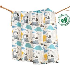 BoefieBoef Grote XL Hydrofiele Doek - Dinosaurus - Duurzaam Eco Bamboe | Swaddle, Inbakerdoek, Hydrofiele Luier & Babydeken - Wit Vulkaan Geel Blauw