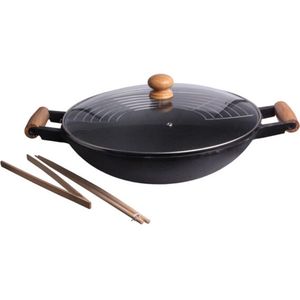 Cast Iron Wokpan set - 5-delig - gietijzer/hout - zwart - 47 x 39 cm