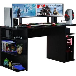 Modern Gaming Bureau met 5 planken en Grote Monitorstandaard - Hout 136 x 60 x 75 cm, Zwart