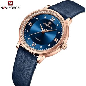 NAVIFORCE horloge met blauwe lederen polsband, blauwe wijzerplaat en rosé gouden horlogekast voor dames met stijl ( model 5036 RGBEBE )