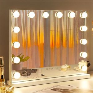 Hollywood Spiegel met Verlichting 14 Dimmer LED Lampen Make-up - Spiegel met Verlichting 3 Lichtstanden - Wit 50x42cm