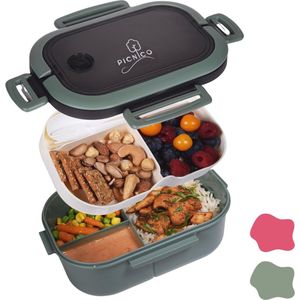 Lunchbox voor Kinderen en Volwassenen met Compartimenten en Bestek - Handige Broodtrommel, Snackdoosje, en Bentobox in Groen