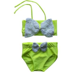 Maat 128 Bikini zwemkleding Fluor Neon Geel strik van kant badkleding voor baby en kind Fel Gele zwem kleding