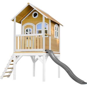 AXI Laura Speelhuis Bruin/wit - Grijze Glijbaan – Classic speelhuisje met verdieping en ladder – FSC hout - Speeltoestel voor kinderen