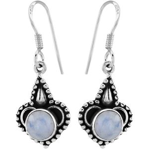 Zilveren oorbellen met hanger dames | Zilveren oorhangers, maansteen met rijk bewerkte versiering