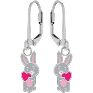 Oorbellen meisje | Zilveren kinderoorbellen | Zilveren oorhangers, grijs konijn met roze hart