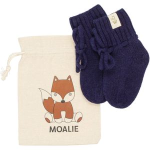 Moalie ®- Baby - Pasgeboren - jongen - meisje - Babyslofjes - babysokken - Merino wol - Navy-Blauw - wollen sokken - linnen opbergzakje -kraamcadeau