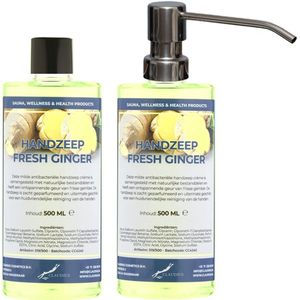 Handzeep Fresh Ginger 500 ml - set van 2 stuks - met gratis RVS zilverkleurige pomp - Voordeelverpakking