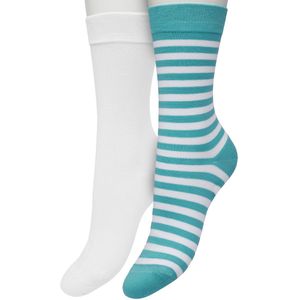 Bonnie Doon Sokken Set Gestreept en Effen voor Dames Blauw/Wit maat 36/42 - Set met 2 paar Sokken - Strepen - Katoenen Sok - Gladde Naden - Brede Boord - Perfecte Pasvorm - 2-pack - Multipack - Oceaan Blauw - White - Ocean Wave - OL041101.300