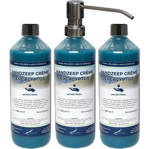 Handzeep Crème Eucalyptus 500 ml - set van 3 stuks - met gratis RVS zilverkleurige pomp - Voordeelverpakking