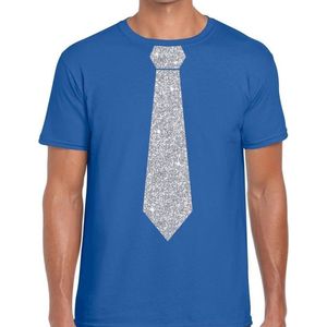 Blauw fun t-shirt met stropdas in glitter zilver heren S