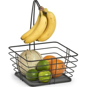 Zwarte vierkante fruitschaal met banaan hanger 26 cm - Zeller - Keukenaccessoires/benodigdheden - Fruitschalen/fruitmanden - Fruitschalen met hanger