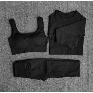 Gymset - LIGHT RIBBED - Maat M - Zwart - 3delig - Sportkledingset - Sportset - Gymlegging en top - Fitness set - Fitness legging & top - Yoga set - Yogalegging en top